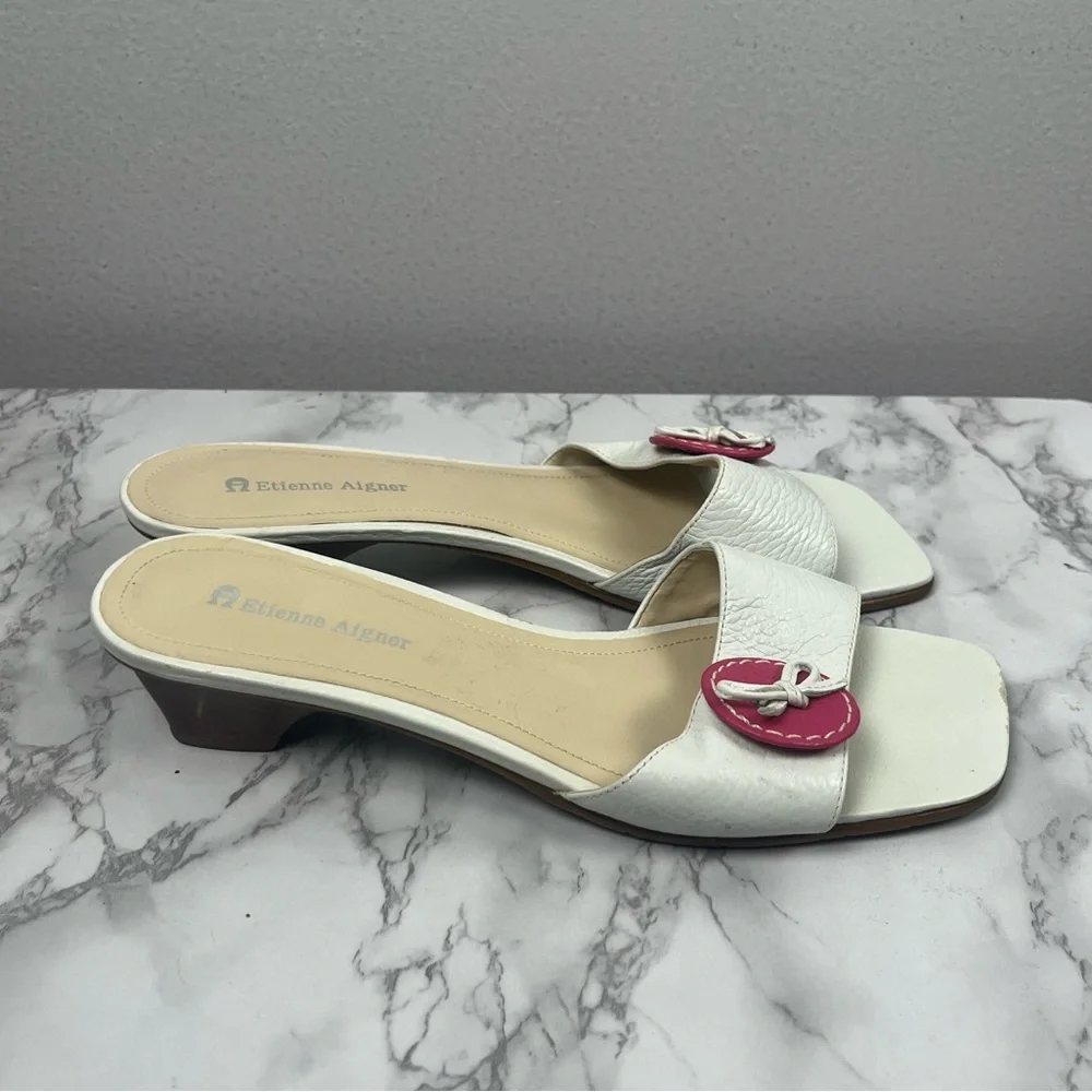 Y2k Etienne Aigner E-SAGAN White, Pink Button Stacked Wood Heel Sandals Size 7 - Picture 2 of 7